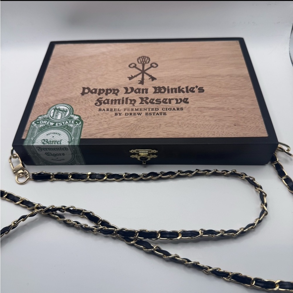Women’s Handmade Purse made from wooden Cigar Box, Black/Gold, Pappy Van Winkle